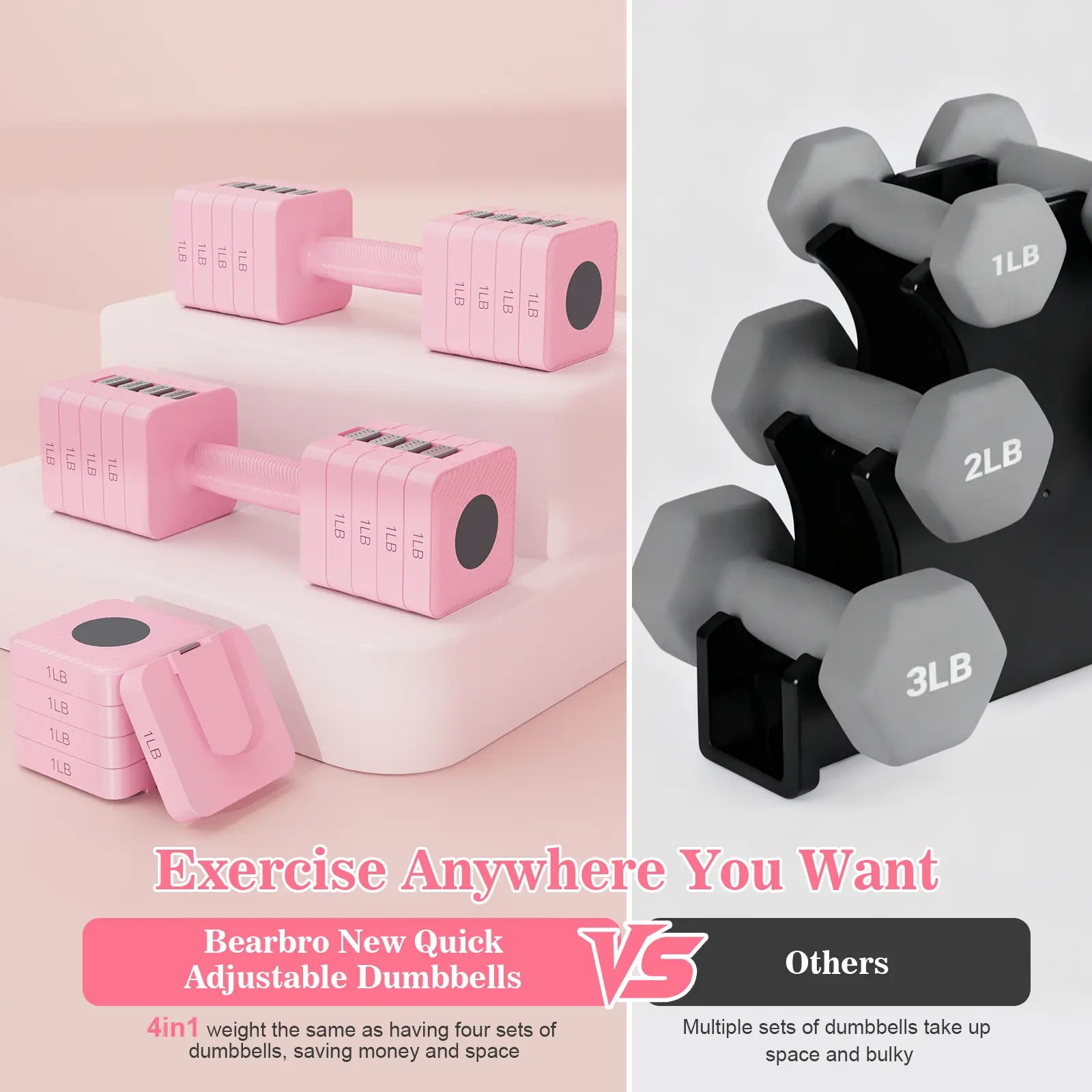 Bearbro 4-In-1 Adjustable Dumbbell Set , 22LBS/11LBS Hand Weights for Women, 1S-Adjust Dual-Stable Dumbbell Set for Women Home Gym & Outdoor